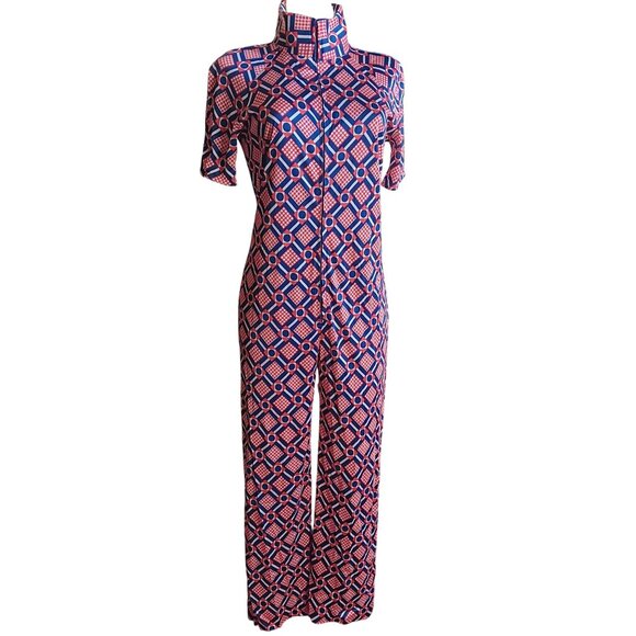 M 1OF1 Vintage Jumpsuit Bellbottom 1970's Zip-Front Mod Geometric Print Handmade - Picture 2 of 11